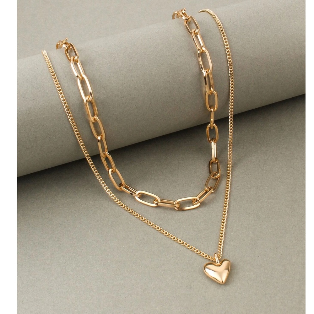 Gold Tone Paperclip Heart Multilayer Necklace